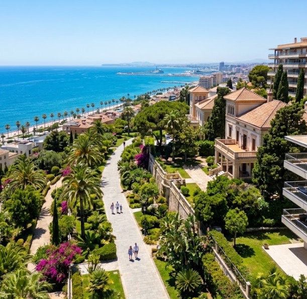Vistas de los paseos arbolados, villas y edificios residenciales del barrio de Miramar en Málaga